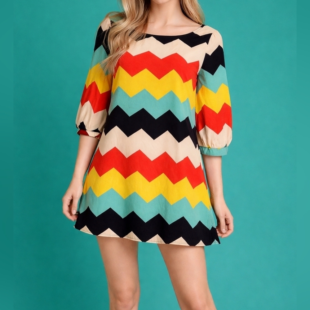PINK OWL Colorful Rainbow Mod Zigzag Artsy Babydoll Micro Dress